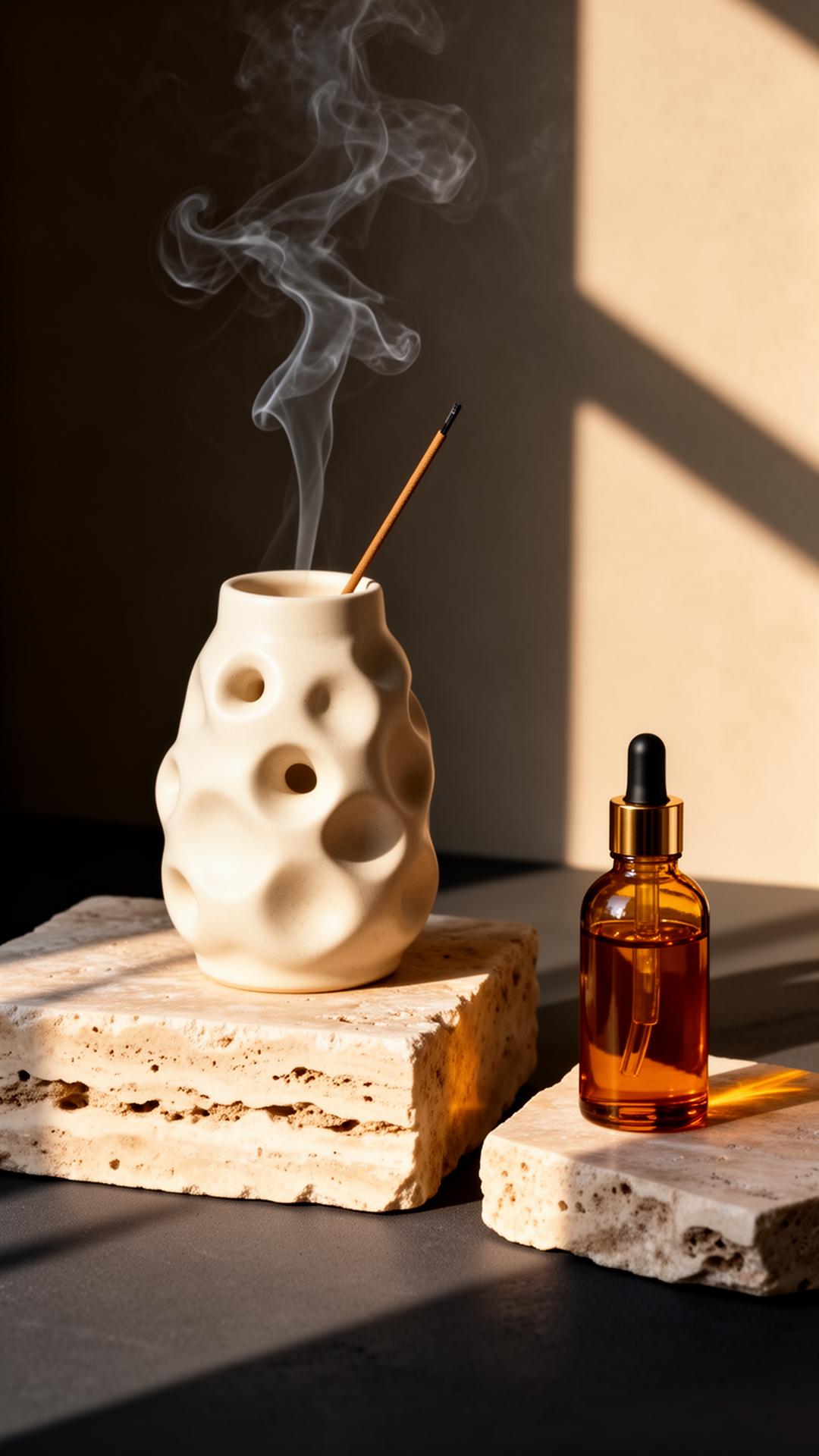 Anira ceramic incense vessel and botanical oil in warm sunlight