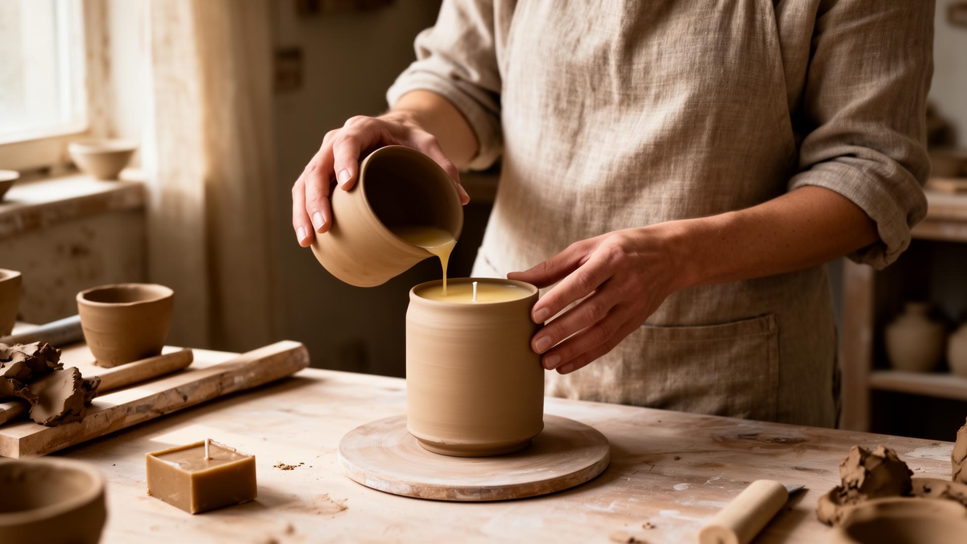 An artisan hand-pouring an Anira ceramic candle